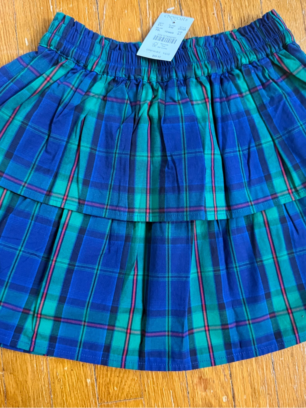 NWT. Crewcuts Green and Blue Plaid Ruffled Skirt